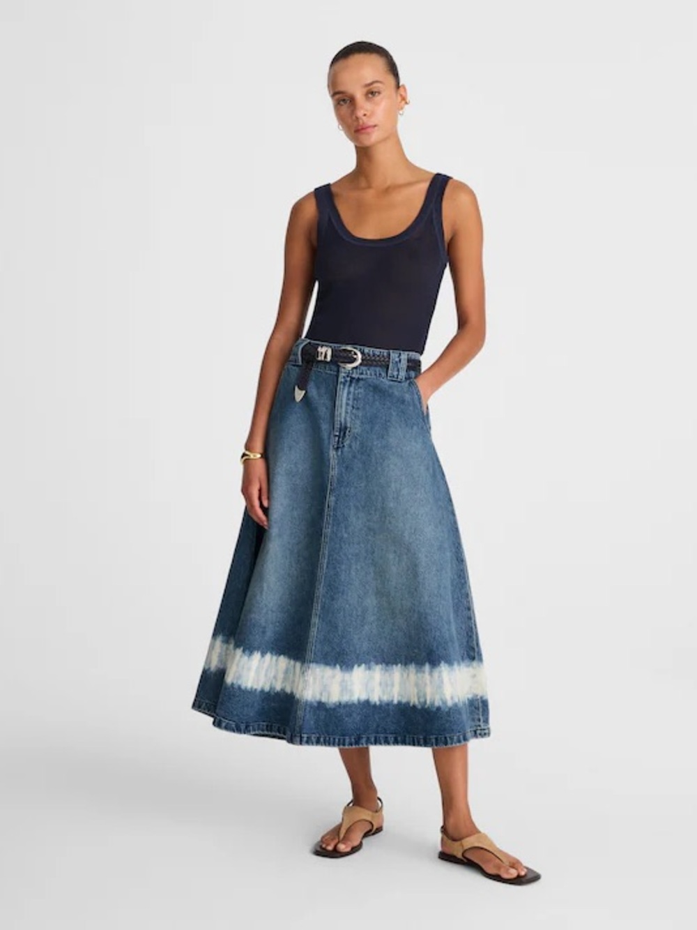 Shibori Denim A Line Midi Skirt